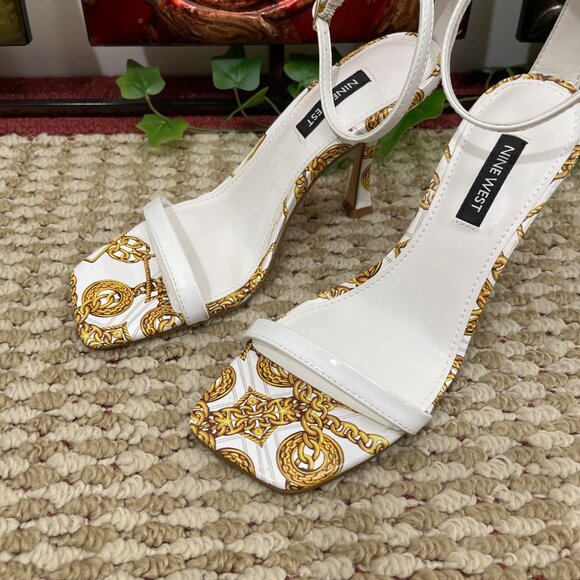 NINE WEST Yess Square Toe Tapered Heel Dress Sandals in White Chain Multi Size 6 - Picture 6 of 11